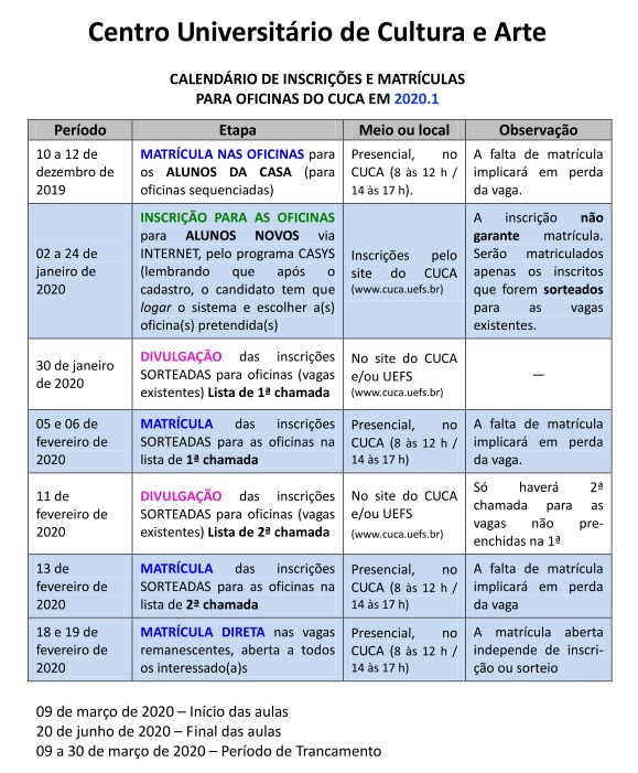 Calendrio de matrcula 20201