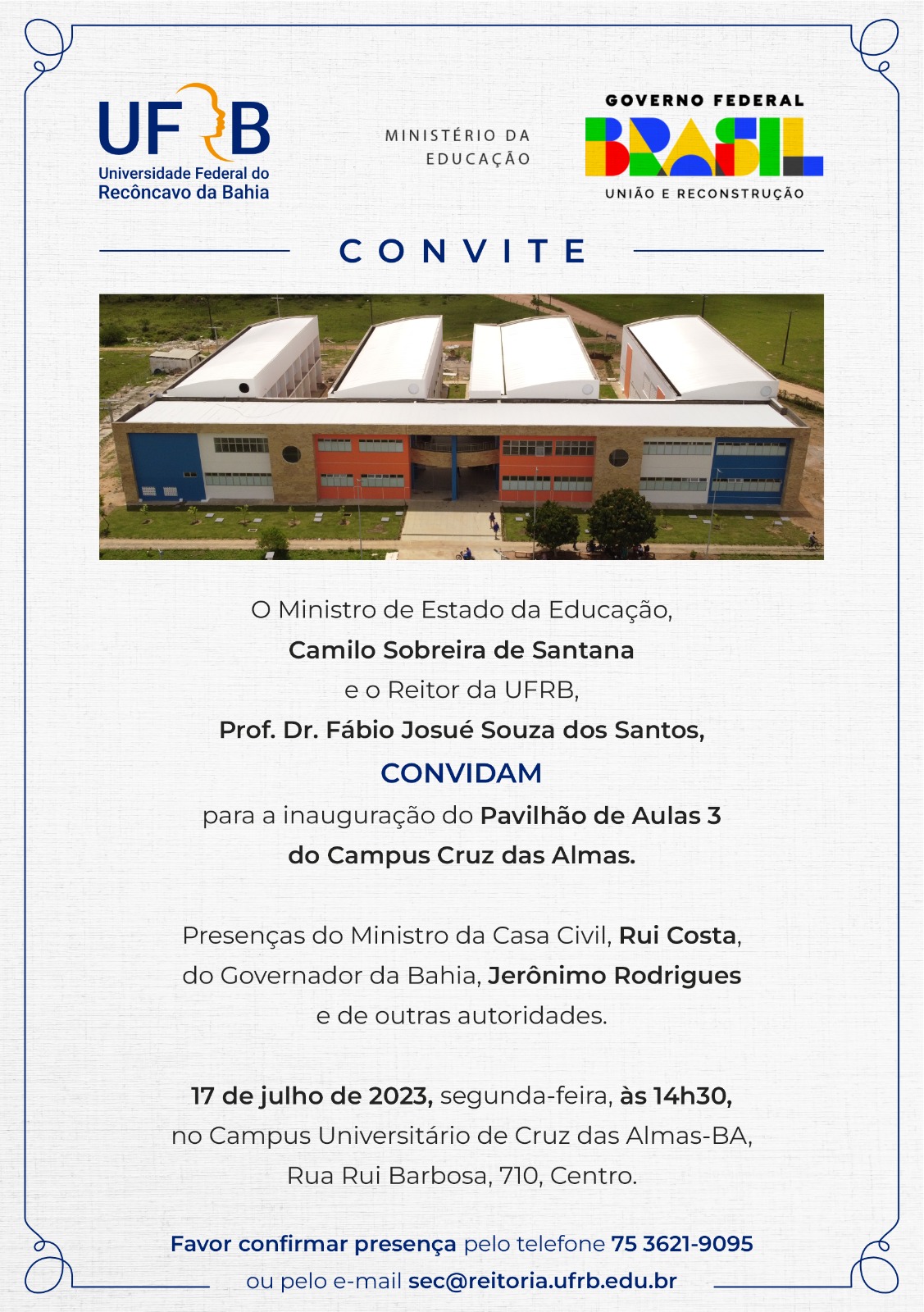 Convite para a inauguração do Pavilhão de Aulas 3 do Campus de Cruz das Almas