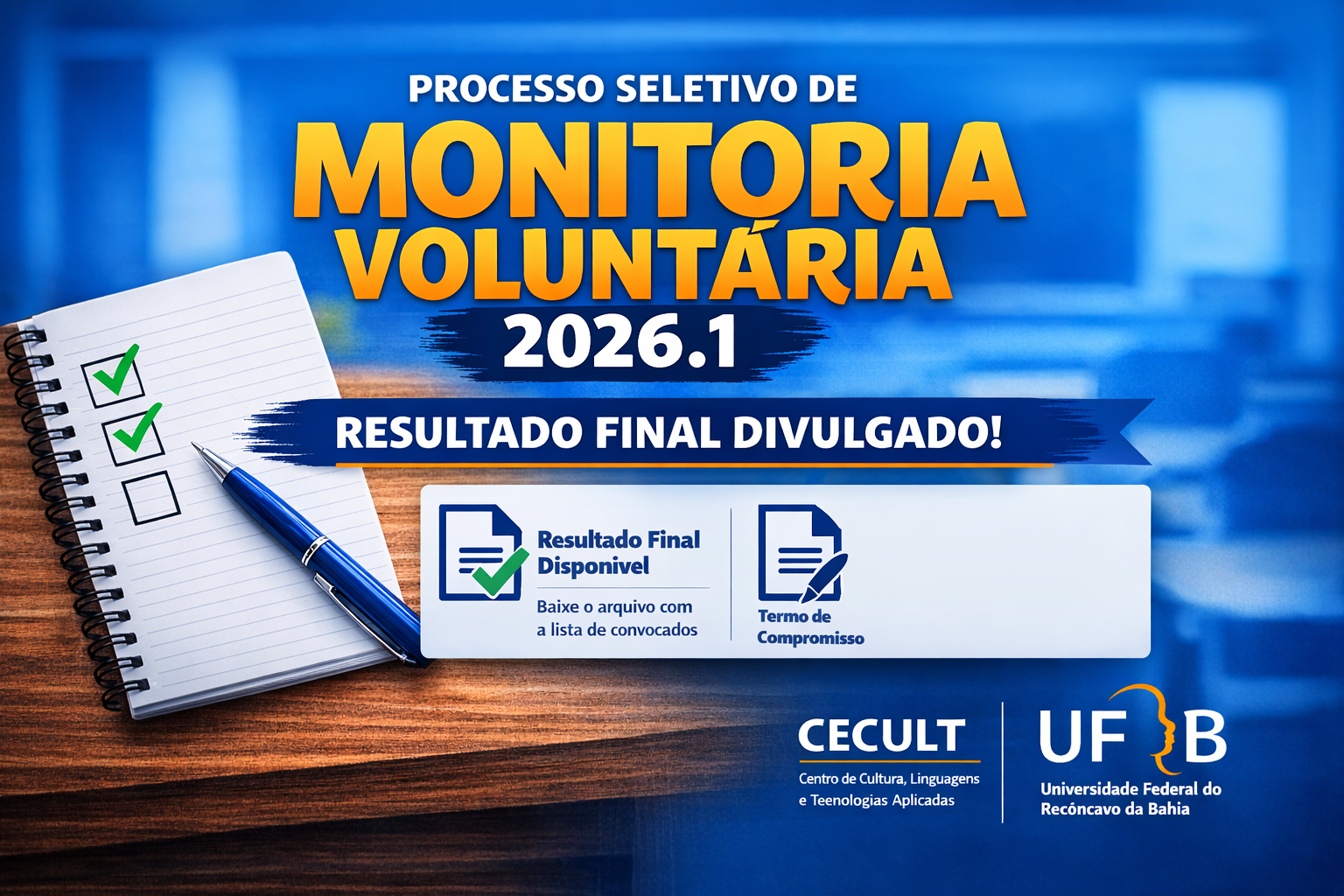 CECULT divulga resultado final da Monitoria Voluntária 2026.1