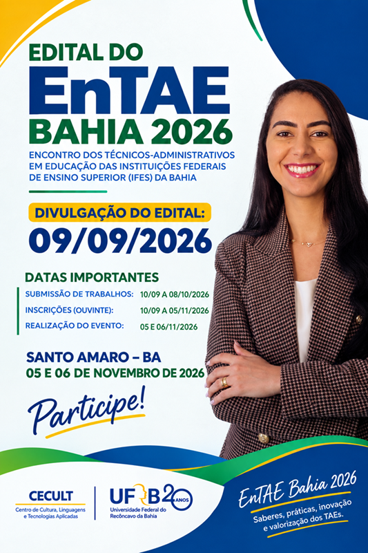 Card de divulgação do Edital do EnTAE Bahia 2026, com datas de submissão de trabalhos, inscrições e realização do evento em Santo Amaro, Bahia.