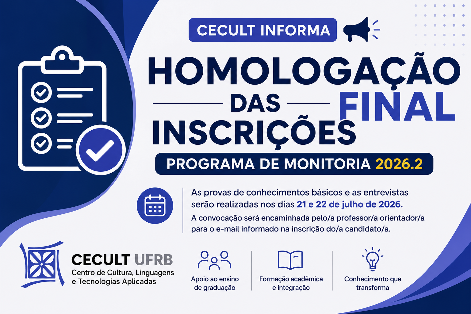CECULT divulga homologação final das inscrições para a Monitoria 2026.2