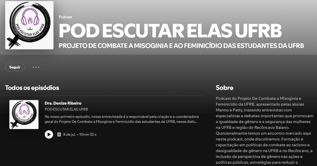 A imagem é um anúncio da Universidade Federal do Recôncavo da Bahia (UFRB) sobre o lançamento de um podcast chamado "Pod Escutar Elas UFRB". O podcast é um projeto de combate à misoginia e ao feminicídio das estudantes da UFRB. No topo da imagem, há o logotipo da UFRB. Abaixo, há um título grande que diz: "POD ESCUTAR ELAS UFRB - PROJETO DE COMBATE A MISOGINIA E AO FEMINICÍDIO DAS ESTUDANTES DA UFRB". Há também uma descrição do podcast, que menciona que ele é apresentado pelas alunas Mannu e Patty, trazendo entrevistas com especialistas e debates importantes que promovem a igualdade de gênero e a segurança das mulheres na UFRB e na região do Recôncavo Baiano. O podcast é quinzenal e discute temas como formação e capacitação em gênero e diversidade. Na parte inferior da imagem, há um texto que diz: "UFRB lança podcast sobre combate à misoginia e ao feminicídio 'Pod Escutar Elas UFRB"". Há também um link para saber mais (ufrb.edu.br) e o nome de usuário do Twitter da UFRB (@ufrb_edu).