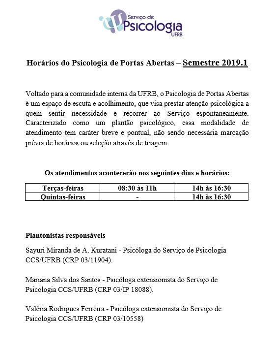 Horários do Psicologia de Portas Abertas 2019.1