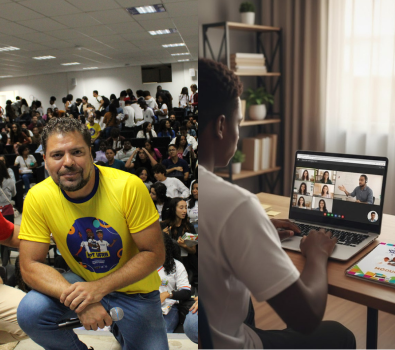 Aulas síncronas online de segunda a sexta (noite) + aulões presenciais nas escolas.